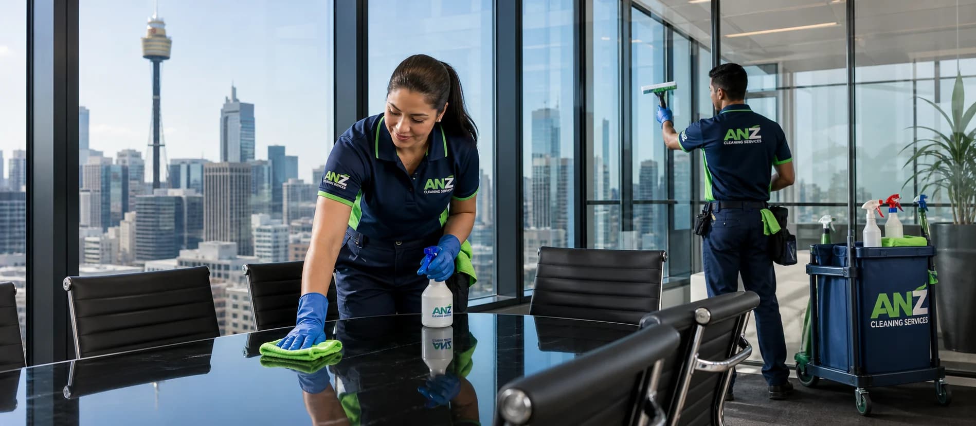 Sydney CBD office tower at night — ANZ Cleaning Services after-hours commercial cleaning